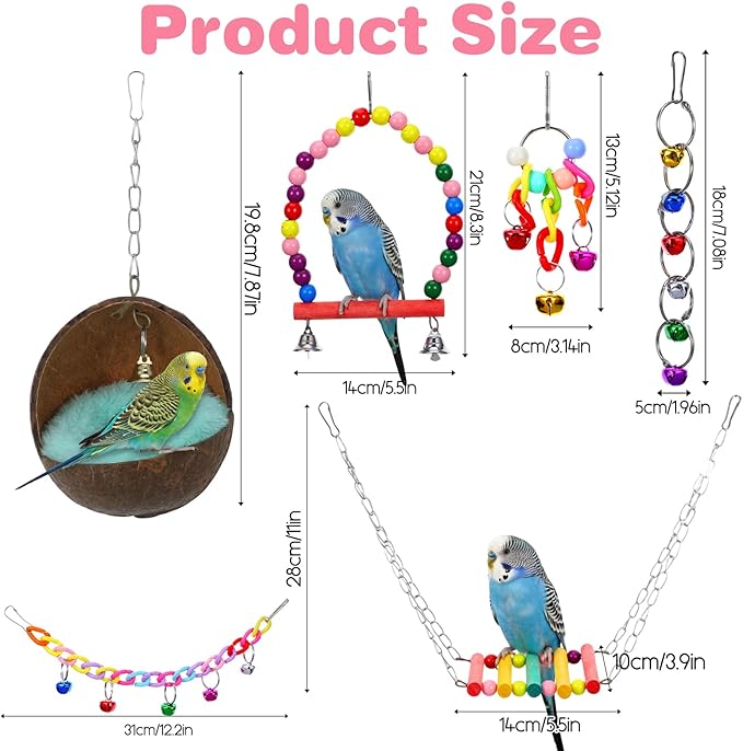 Natural Coconut Shell Bird Nest House, Anti-Pecking Bite with Warm Pad and Bell, Hanging Budgie Tent Beds with 8 Accessories for Bird Parrot Budgie Parakeet Cockatiel Conure Lovebird