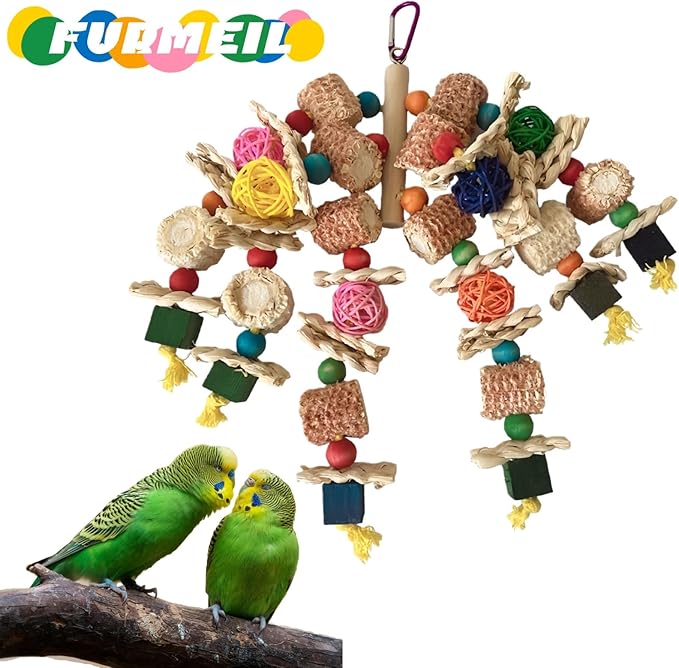 Bird Parrot Toys for Cage, 2 Pack Chew Toys with Corn Cob, Cuttlebone & Colorful Blocks for Small to Medium Parrots Like Parakeets, Conures, Cockatiels (Colorful Toy + Cuttlefish Bone)