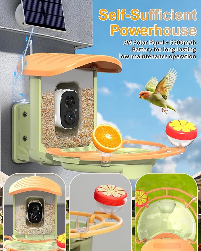 Bird Feeder with Camera, 2K HD Camera Birds Feeder with AI Bird Recognition, Solar Powered Smart Birdfeeder with Bath, App Control, Color Night Vision, Gift Box Package, Easy Install