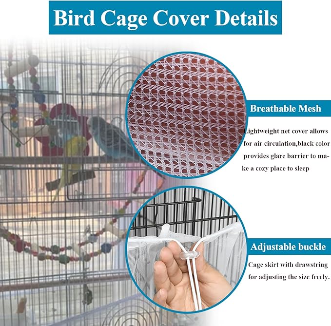 ASOCEA 2 Pack Large Bird Cage Seed Cather,Bird Cage Cover Adjustable Soft Airy Skirt Guard Birdcage Nylon Mesh Net for Parrot Parakeet Macaw African Round Square Cages Cover (118 * 31.5in/300 * 80cm)