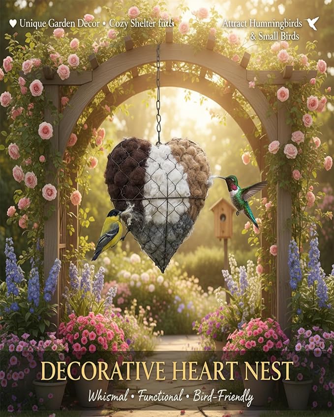 Handmade Natural Fiber Bird Nesting Heart, Eco-Friendly Soft Nesting Material, Refillable Birds Nests Material Holder, Hummingbird Nest Boxes for Outside, Nester Houses Design for Wild Birds (1)