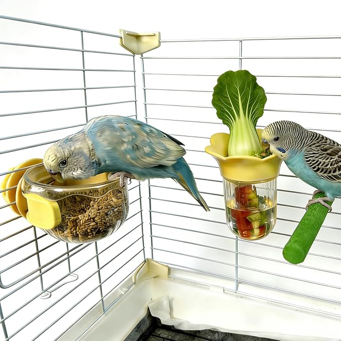 6 PCS Bird Cage Feeder for Vegetable Millet Holder Cage Accessories with Parrot Fruit Forks for Budgie Parrot Cockatiel Lovebirds (Yellow + Feeding Bowl)