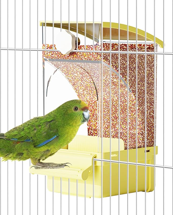 BNOSDM No Mess Bird Feeder Transparent Automatic Bird Cage Feeder with Perch Acrylic Parrot Food Container Parakeet Cage Accessories for Parakeets, Budgies, Cockatiel, Finch, Canary, Lovebird (Yellow)
