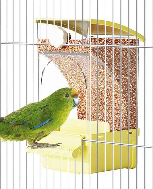 BNOSDM No Mess Bird Feeder Transparent Automatic Bird Cage Feeder with Perch Acrylic Parrot Food Container Parakeet Cage Accessories for Parakeets, Budgies, Cockatiel, Finch, Canary, Lovebird (Yellow)