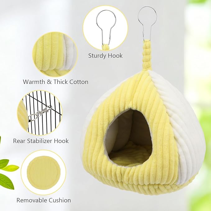 Hypeety Bird Nest Winter Warm Hammock Bed for Cage Bird Shed Hut Tent Cozy Hanging Nest House for Small Pet Parakeet Conure Cockatiel Budgies Lovebird Bird Cage Accessories (Yellow, M)