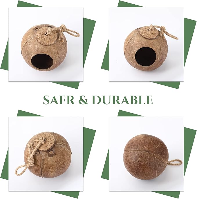 Skylety 3 Pcs Coconut Bird Nest Hut Hanging Bird House Coconut Hide with 6.9 Feet Fake Vines Coconut Fiber Shell Small Bird Cage Accessories for Parrot Parakeet Canary Reptile Crested Gecko Hamster