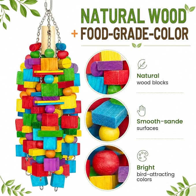 Large Bird Toy, 20 in XL Parrot Toys Natural Wood Blocks Bird Chew Toy for Foraging, Stainless Steel Chain Hanging Cage Toy for Macaws, Cockatoos, African Greys and Large Parrots-1.65 lb
