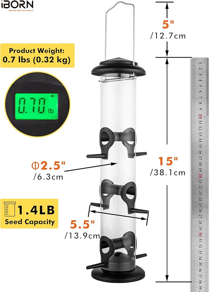 iBorn Metal Bird Feeder Hanging Wild Bird Seed Feeder for Mix Seed Blends Heavy Duty All Metal Black Finish,15 Inch 6 Port,Pack of 2