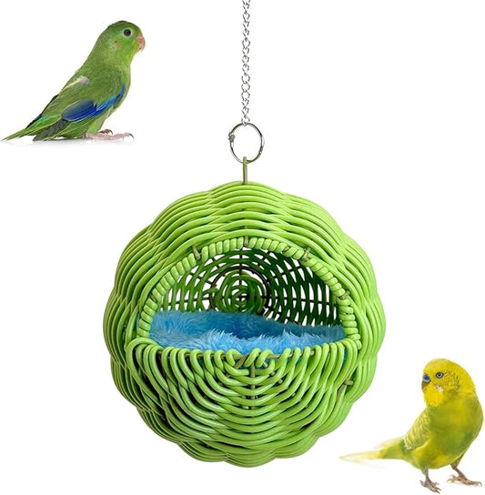 BNOSDM Rattan Parrot Nesting House Bird Nest Parakeet Hanging Swing Soft Lovebird Warm Bed Sleeping for Parrots Bird Cage Accessories for Cockatiels Budgerigars Finches Canaries (Green)