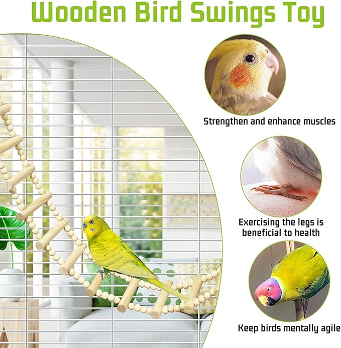 BNOSDM Long Bird Ladder Bridge 45.3 in Wooden Parakeet Climbing & Swing Toys Bird Cage Accessories for Budgies, Cockatiels, Conures, Lovebirds, Canaries (20-Steps)
