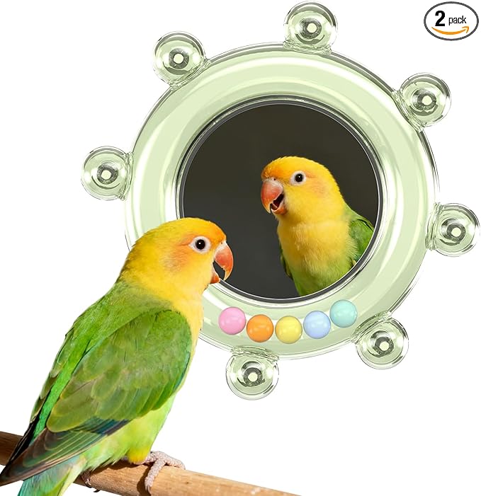 Bird Mirror Toys for Cage,Parakeet Rotating Sound Wheel Toy,Budgie Training Colorful Interactive Chew Toys for Canaries Lovebirds Conures Cockatiels cage Accessories (2, Green)