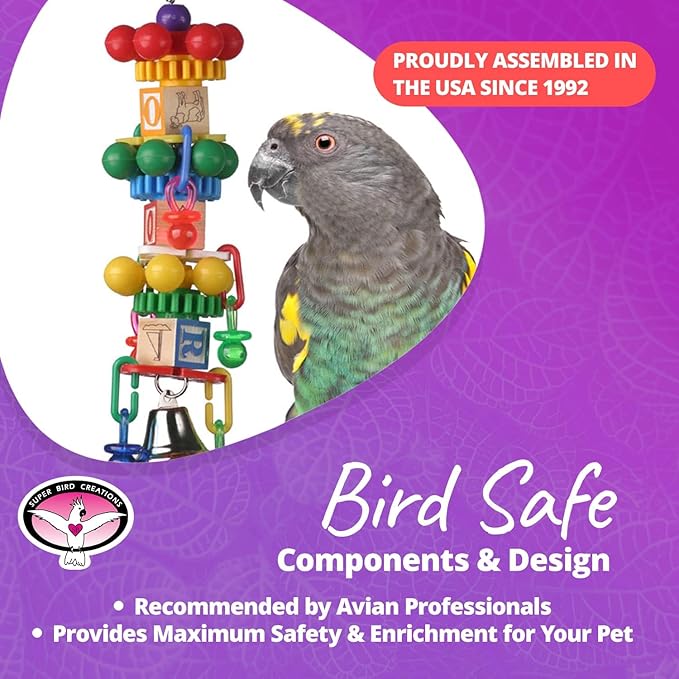 Super Bird Creations SB676 Spin Tower Bird Toy - Enrichment & Boredom Relief Toys for Amazons, African Greys, Parrots, Small Cockatoos, Mini Macaws - Textured Toy - Large Bird Size, 13" x 3" x 3"