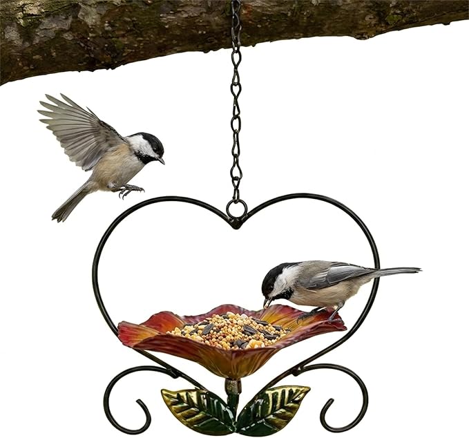 Heart-Shaped Wrought Iron Flower Bird Feeder, Signals Heart Shaped Bird Feeder Stake-Outdoor Garden Patio Decoration for Cardinals, Finches, Parrots & Wild Birds, for Patio Watching (Red)