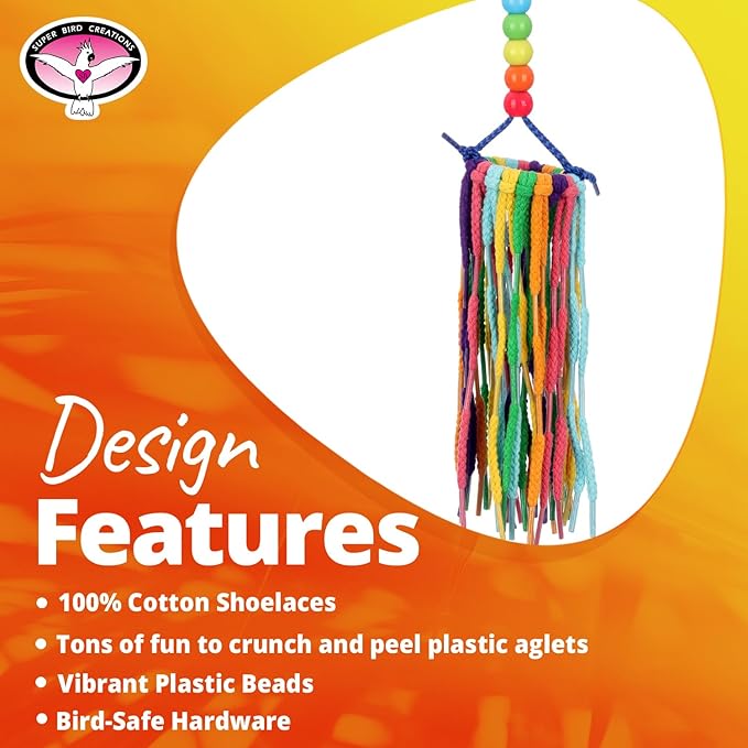 Super Bird Creations SB1202 Small Rainbow Aglets Bird Toy - Satisfies Chewing and Preening Instincts of Parrots Ringnecks, Medium Conures, Quakers - Encourages Curiosity - Ideal for Medium Bird Size