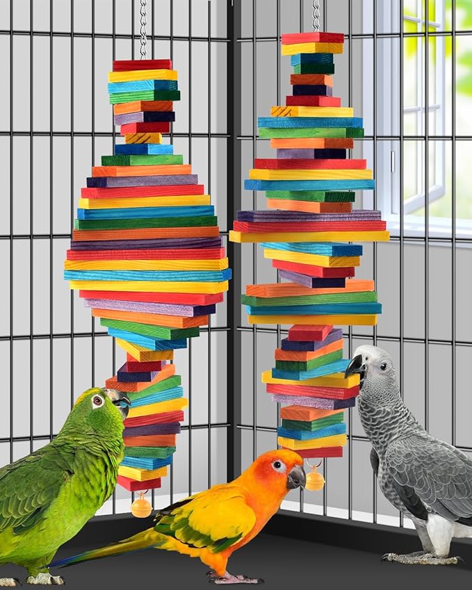 Bissap 2 PCS Bird Chew Toys, 20.8‘’ Multicolored Bagel Cascade Medium Large Parrot Chewing Sticks Biting Wooden Blocks Toy for Big Amazon Senegal Cockatoos Macaws African Grey Similar Sized Pet Birds