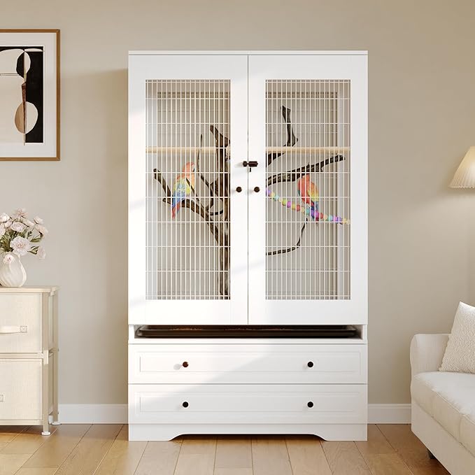Large Bird Parakeet Parrot Cockatiel Cage, Tall Big Bird Flight Cages with 2 Drawers, a Removable Tray, Metal Grid Doors and a Robust Lock for Finch, Conure, Budgie, Macaw, Canary, White