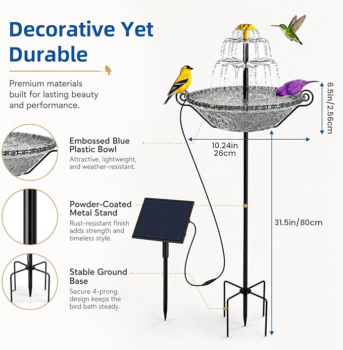 Bird Bath for Outside with Solar Fountain, Plastic Bowl on Metal Stake and Ground Stand, Freestanding Garden Accent for Yard and Patio (Gray(XL))