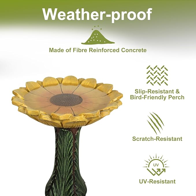 SKYFIRE 24.4”H Sunflower Bird Bath Fiber Reinforced Concrete Pedestal Birdbath for Outdoors, Heavy Duty Garden Bird Bath for Yard, Patio, Lawn, Backyard Decor
