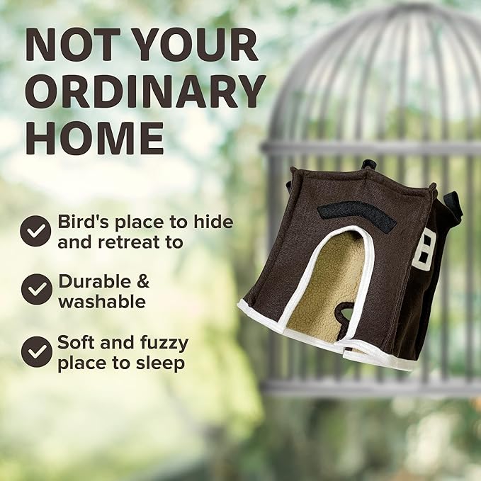 Crazy K Farm - Avian Haven Bird Hut, Comfy Bird Snuggle Hut, Plush Pet Bird Hut for Sleeping and Snuggling, Hanging Bird Cage Hut with Sherpa, Cozy Bird Cage Accessories Small, Brown