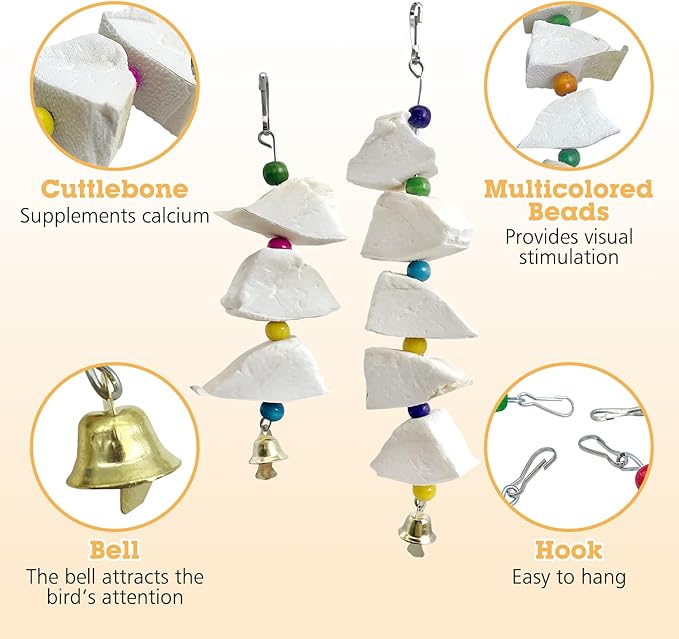 BNOSDM Bird Toys with Cuttlebone 4 Pack Hanging Cuttle Bone Chew Toys Natural Bird Beak Grinding Stone Parakeet Calcium Toys Bird Cage Accessories for Budgies Cockatiels Lovebirds Conures Parrots (9)