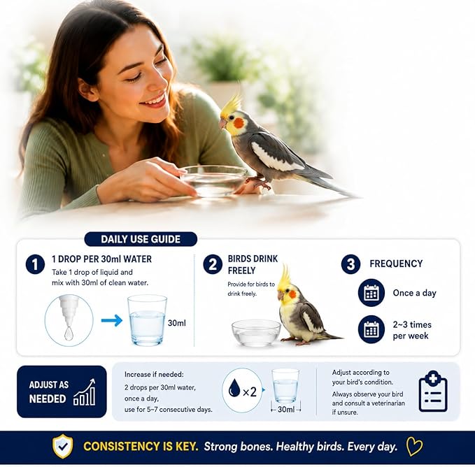 Liquid Calcium for Birds, Calcium Drops with Vitamin D3 for Parrots, Cockatiels & Budgies, Bird Calcium Supplement for Strong Bones, Healthy Feathers & Daily Nutrition, 3.38 FL OZ