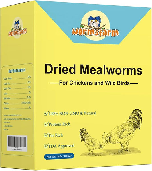 WormsFarm 10lb Dried Mealworms for Wild Birds Chickens Feed for Laying Hens,Ducks,Reptiles