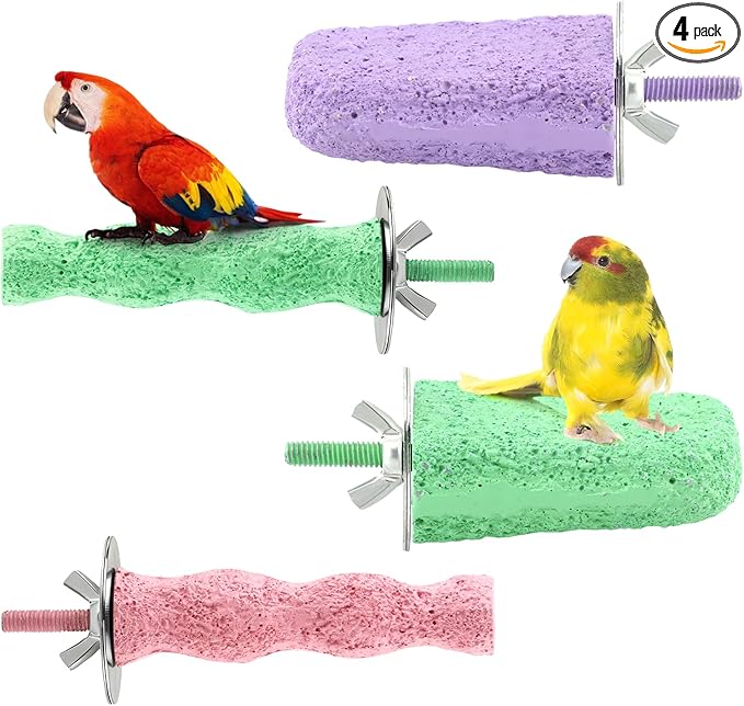 4 PCS Bird Beak Grinding Stone,Parrot Bird Cage Perch Stand Plat Form Foot Claws Trimmer,Parrot Teething Stone Toy for Budgies, Parakeets, Cockatiels, Conures