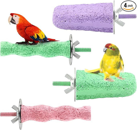 4 PCS Bird Beak Grinding Stone,Parrot Bird Cage Perch Stand Plat Form Foot Claws Trimmer,Parrot Teething Stone Toy for Budgies, Parakeets, Cockatiels, Conures