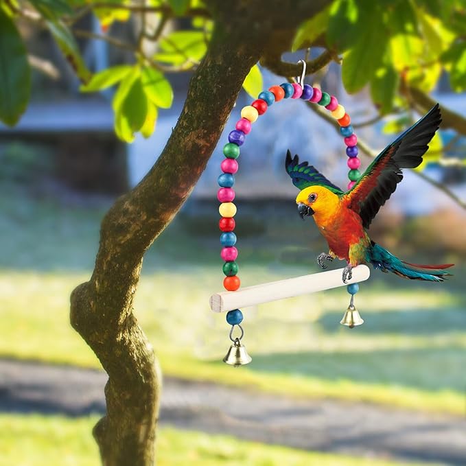 Wooden Bird Swing, 9 Inches Hanging Birds Cage Perches with Playing Bell, Natural Bird Chew Toys Boredom Breaker Bird Toys for Parakeets, Budgie, Cockatiel (Colorful, L)