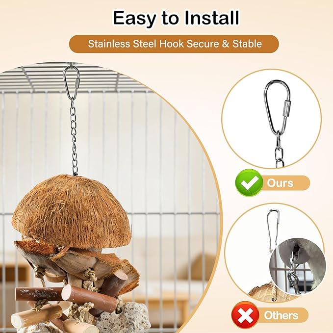 Natural Bird Toys for Parrots – 18in Handmade Shredding & Foraging Toy with Coconut Shells, Wood Blocks & Lava Stones – Parrot Toys for Sun Conures, Conures, Caiques, Cockatiels, Quaker Parrots