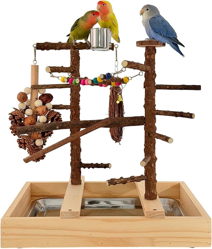 Bird Playground, Natural Wood Bird Play Stand with Stand Perch, Swing, Toy, Two Food Cups, and Removable Tray, Suitable for Lovebirds, Cockatiels, Budgies, Parakeets, and Other Birds