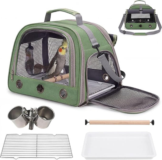 Bird Carrier, Lightweight Breathable Bird Backpack, Portable Wild Bird Carrier with Standing Perch for Parrot Travel Vet Visit (Green)