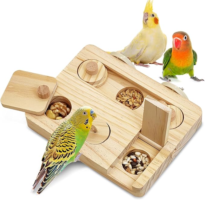 BNOSDM Wooden Bird Foraging Toys with Enrichment Puzzle for Training & Chewing Natural Wood Stand Platform Feeder Cage Accessoriesfor Small and Medium Parrots, Parakeets, Cockatiels, Sun Conures