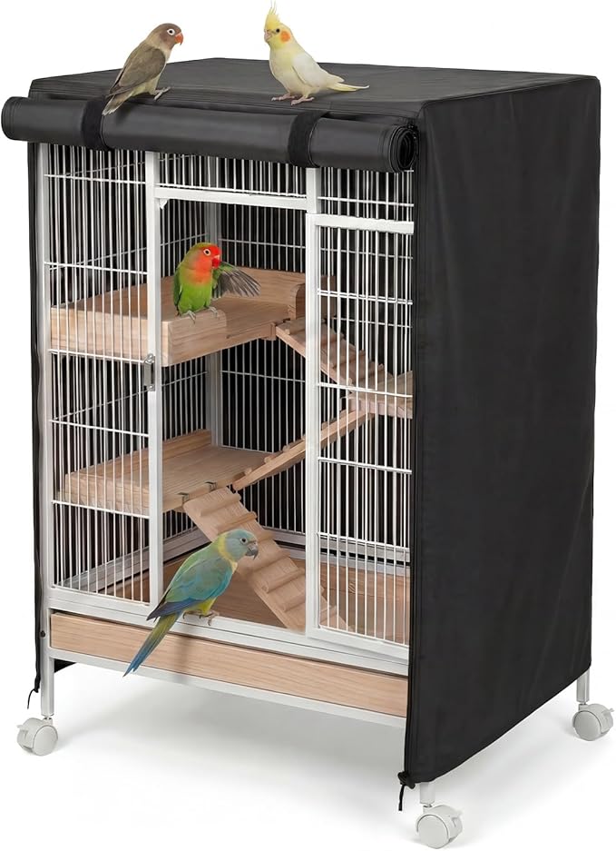 Black Bird Cage Cover, Adjustable with Zipper Panel and Velcro, Block Light and Waterproof, Good Night for Parrot and Small Animals, Size M