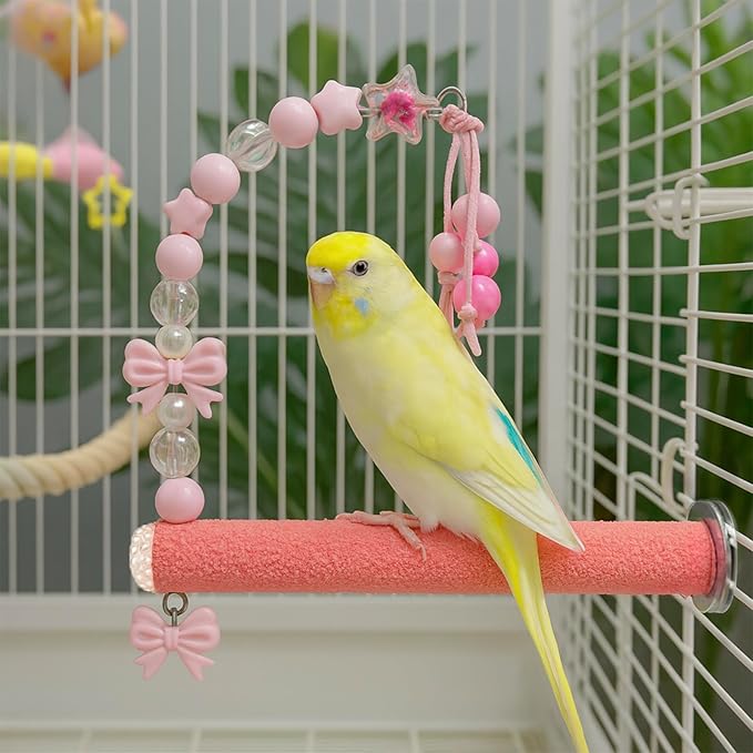 Bird Parrot Perch with Beads and Bow Chew Toy,Cage Platform Toy and Exercise Accessories for Budgies Parakeets Cockatiels Conures and Lovebirds (Pink)