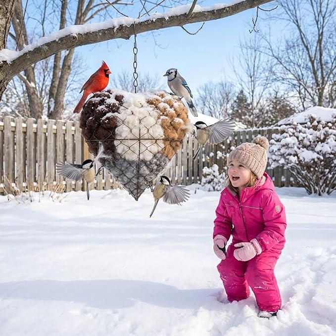 Handmade Alpaca Fiber Bird Nesting Heart, Environmental Protection &Reusable Bird Nesting Materials, Winter Fowl Gifts Animal Hummingbirds Lovers Home Garden Yard (Quantity-1ps)