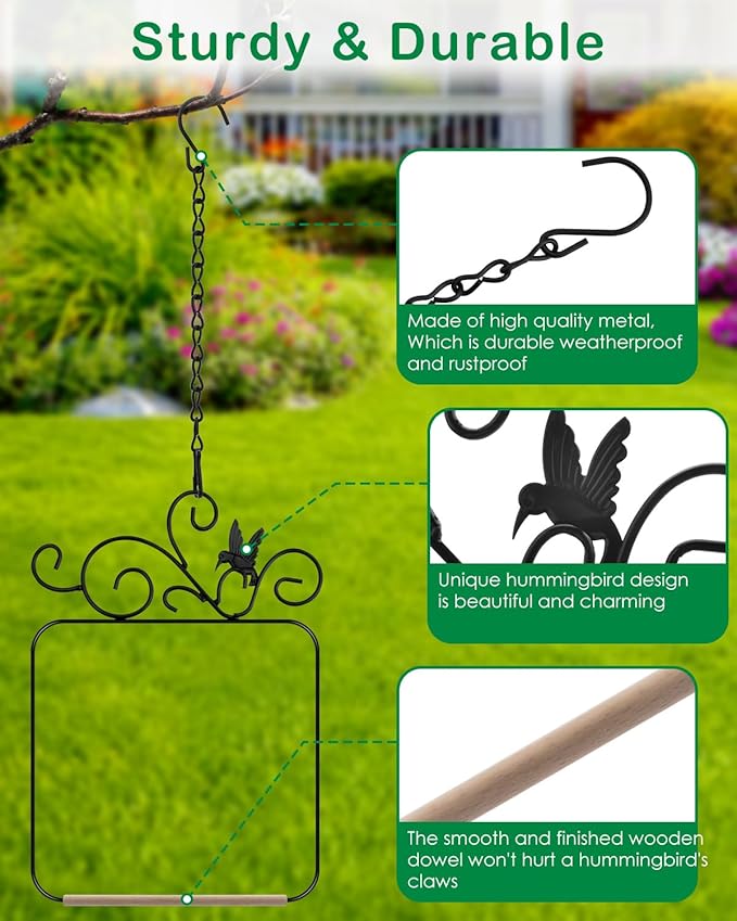 PACETAP Hummingbird Swings and Perches Metal Frame 2 Pack, Wild Bird Swing Outdoor Bird Perch with Wooden Dowel and 2 Hanging Chain for Hanging Indoor, Outdoor, Trunk, Lawn, Patio, Garden (Black)