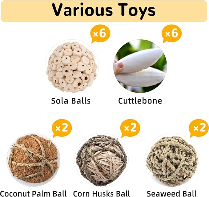 18PCS Bird Toys Sola Balls 2.36IN Parakeet Toys Natural 2.76IN Chew Grass Balls with Cuttlebone for Parrots Conures Rabbits Hamster Guinea Pig Chinchilla(Style 2)