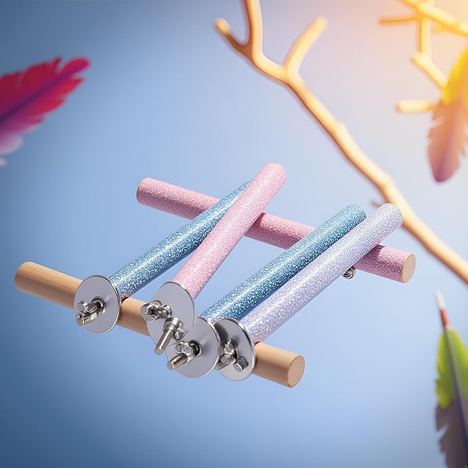 4 Pcs Bird Perch Stand Toy,Random Bird Perch Stand Toy Wood Parrot Grinding Claw Sticks Sanded Cage Toy for Parakeets Finches Parakeet Toys, Sanded Surface Cage Accessories for Parakeets Finches