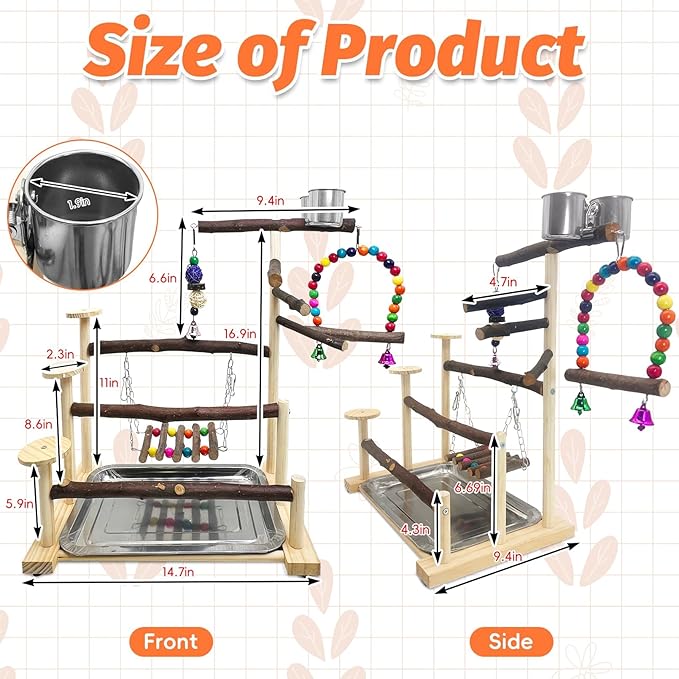 Kathson Wood Bird Playground Parrot Play Stand Bird Stand with Feeder Cups Birds Perch Stand with Ladder Hanging Swing Chewing Toys Conure Cage Accessories for Parakeet Conure Lovebird Cockatiel