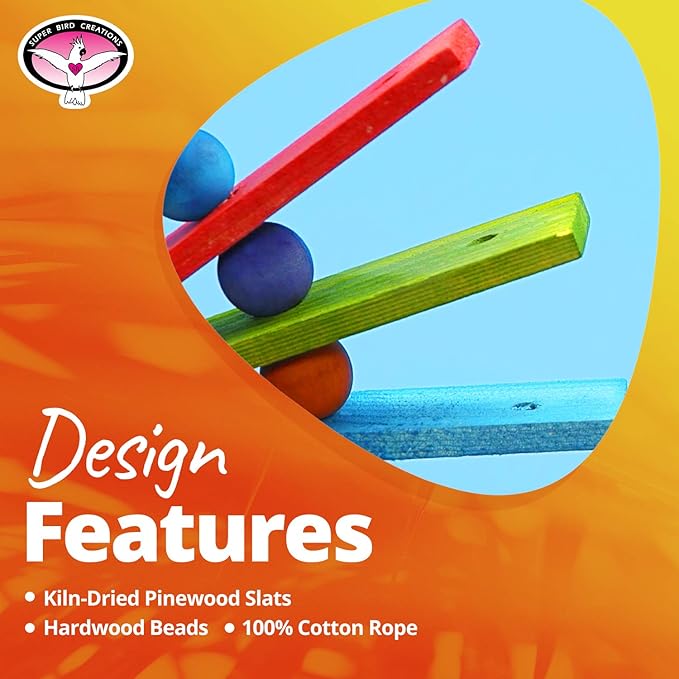 Super Bird Creations SB702 Peacock Sr. Bird Toy - Kiln Dried Pine Wood Slats, Hardwood Beads, 100% Cotton Rope - Ideal for Parrots, African Greys - Boredom Relief - Large Bird Size - 14” x 11” x 1.5”