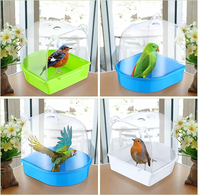 Honeydak 3 Pieces Clear Bird Bath for Cage Parakeet Bird Cage Accessories Hanging Bath Box Parrot Bathing Tub with Clear View for Cockatiel Conure Canary Budgies Parrots Blue Green White