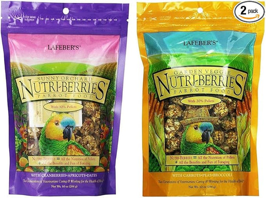LAFEBER'S Nutri-Berries Parrot Food 2 Flavor Variety Sampler Bundle, (1) Each: Sunny Orchard with Cranberries Apricots Dates, Garden Veggie with Carrots Peas Broccoli (10 Ounces)