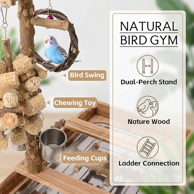Natural Wood Bird Perch Stand, Multi-Layer Parrot Playground Gym with Feeding Cups and Toys, Real Branch Activity Center for Cockatiels, Parakeets, Conures, Budgies, Tabletop and Cage Top Use