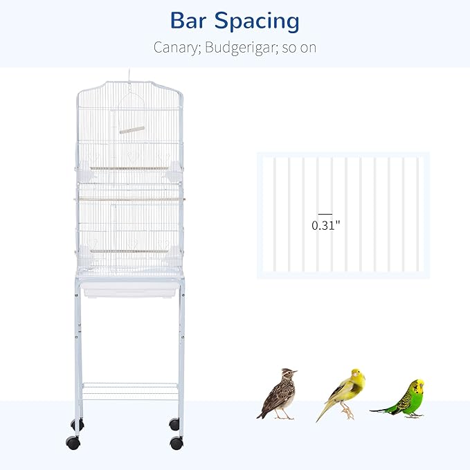 PawHut 60" Metal Indoor Bird Cage Starter Kit With Detachable Rolling Stand, Storage Basket, And Accessories, White