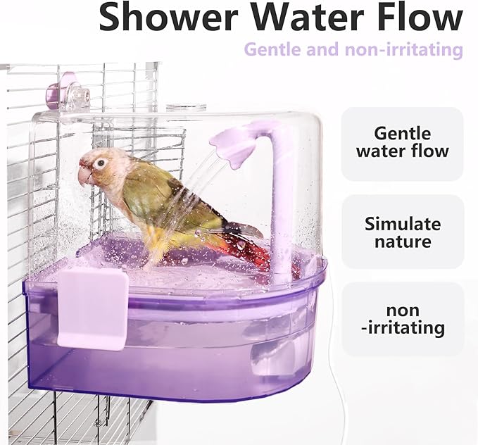 Automatic Bird Baths for Cage – Indoor Parakeet Bath with Pump, Bird Shower with 2 Modes Running Water, Bird Cage Accessory for Pet Birds Conure Budgies Cockatiels Lovebird (Purple)