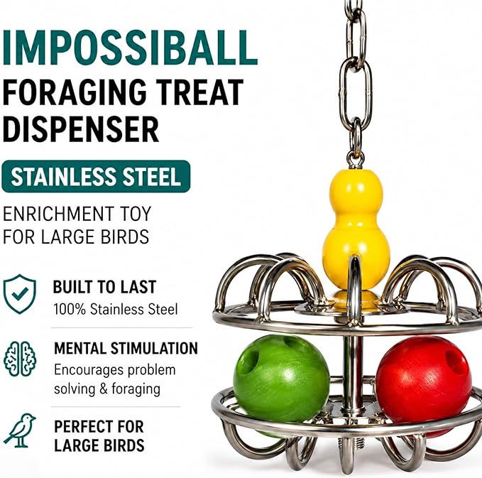 Bird Toys for Large Birds (Impossiball) Stainless Steel Foraging Treat Dispenser for Macaws, Cockatoos, Parakeets & Parrots | Durable Cage Accessory for Enrichment & Mental Stimulation