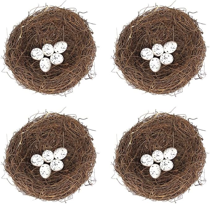 Artificial Birds Nest,4 Set Handmade Natural Easter Fake Birds Nest Rattan Bird Nests Decoration Simulation Bird Nest for Wedding Home Garden Party Decor,15cm with 5PCS Egg Ornaments
