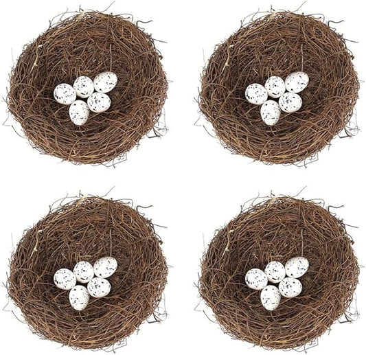 Artificial Birds Nest,4 Set Handmade Natural Easter Fake Birds Nest Rattan Bird Nests Decoration Simulation Bird Nest for Wedding Home Garden Party Decor,15cm with 5PCS Egg Ornaments