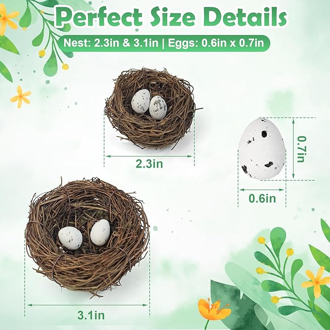 60 Pcs Artificial Rattan Birds Nest with Eggs for Crafts, Mini Faux Bird Nest for Easter Home Garden Decor Wedding Party(20 Pcs Mixed Small Size Nest & 40 Pcs Eggs)
